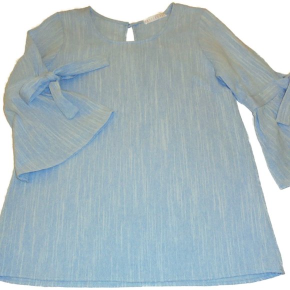 Blouse Blue Cotton bell sleeve tunic top careerwear shirt size Medium - Picture 6 of 7